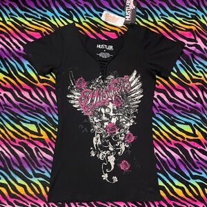 Y2k grunge goth rare 2000s Hustler Hollywood Black Tee with Pink Accents